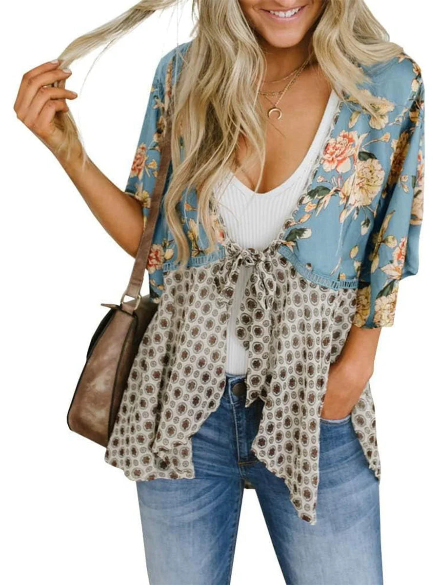 🌸Dámský kardigan s květinovým vzorem, volánkovými rukávy a vázáním vpředu – vzdušné, volné svršky v boho stylu
