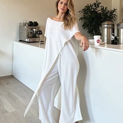 👗 Dvoudílný set top s odhalenými rameny + kalhoty – jednobarevný a prodyšný na léto