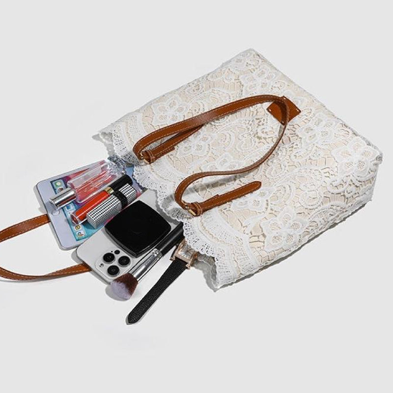 👜 Bílá čipkovaná tote taška s PU koženým popruhem – stylová & prostorná 💖
