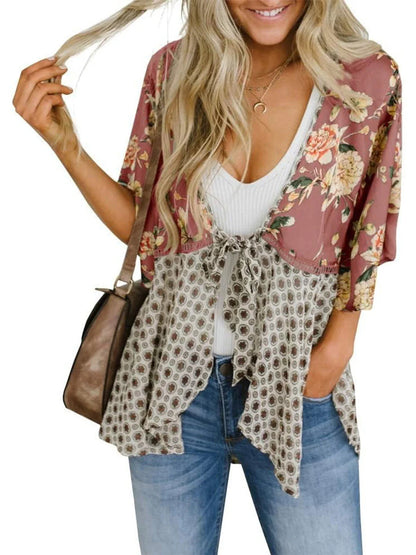🌸Dámský kardigan s květinovým vzorem, volánkovými rukávy a vázáním vpředu – vzdušné, volné svršky v boho stylu
