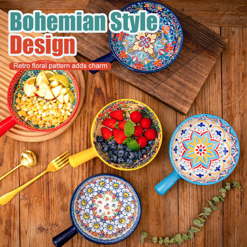 🍲 Keramická polévková mísa v bohémském stylu 2026 s uchem – retro květinový design a praktická rukojet