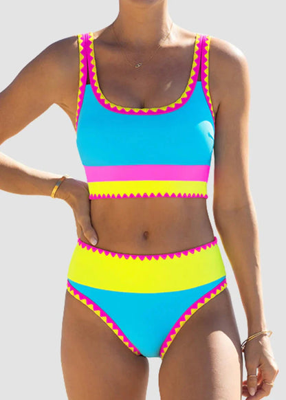 🔥🎁Novinka: 50% SLEVA🔥🌼 Třídílné sportovní bikiny z nylonu s barevnými bloky – vysoký pas se zeštíhlujícím efektem na břicho 👙