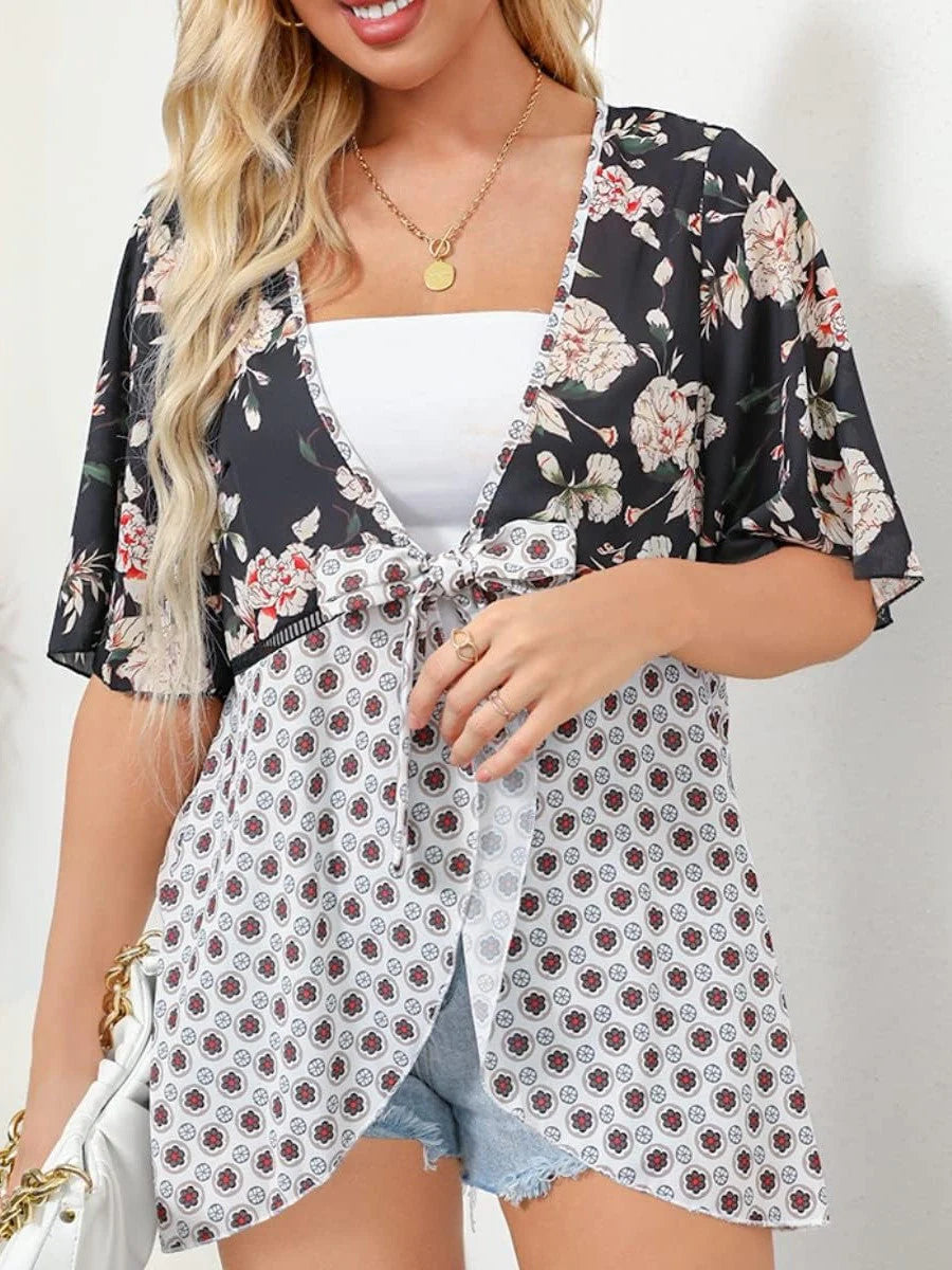 🌸Dámský kardigan s květinovým vzorem, volánkovými rukávy a vázáním vpředu – vzdušné, volné svršky v boho stylu