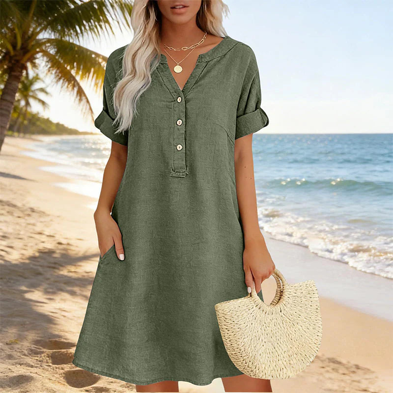 🏖️VÝHODNÁ NABÍDKA – SLEVA 50 %! 👗 Dámské tunikové šaty s výstřihem do V – volný střih, kapsy a prodyšný materiál