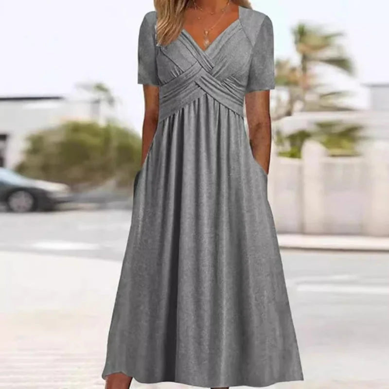 【S–3XL】👗Dámské dlouhé šaty s výstřihem do V a krátkými rukávy