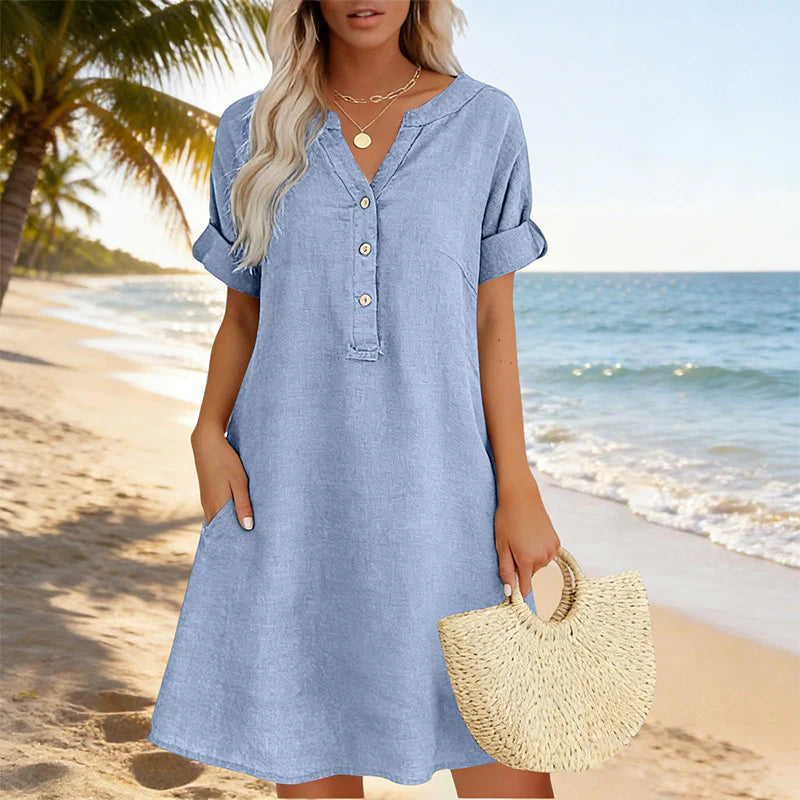 🏖️VÝHODNÁ NABÍDKA – SLEVA 50 %! 👗 Dámské tunikové šaty s výstřihem do V – volný střih, kapsy a prodyšný materiál