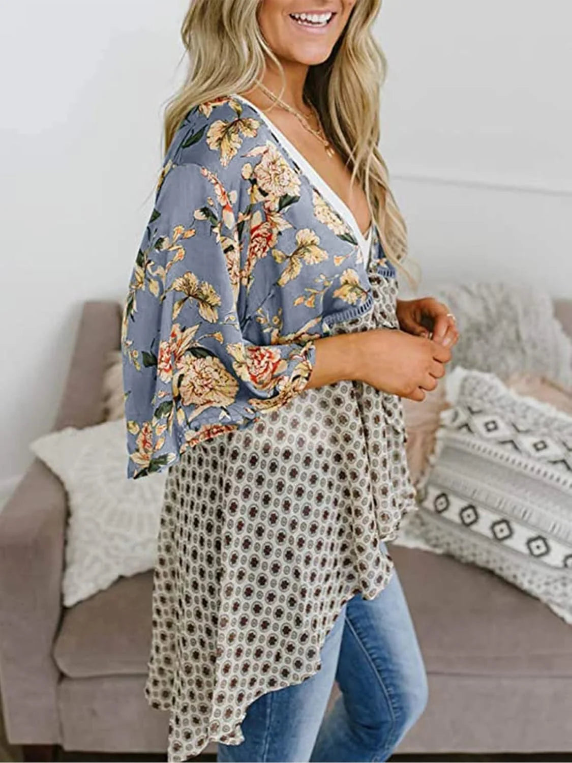🌸Dámský kardigan s květinovým vzorem, volánkovými rukávy a vázáním vpředu – vzdušné, volné svršky v boho stylu