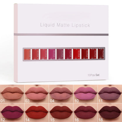 Sada voděodolných matných rtěnek – 10 odstínů, celodenní výdrž 💄