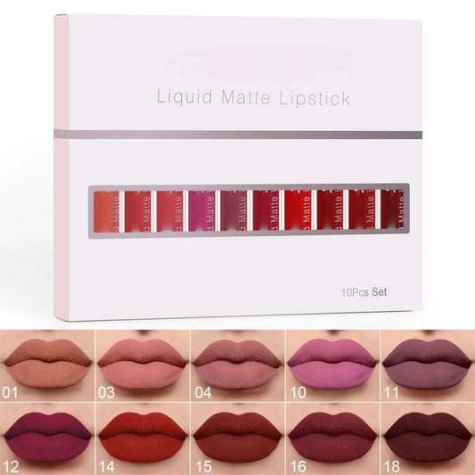 Sada voděodolných matných rtěnek – 10 odstínů, celodenní výdrž 💄