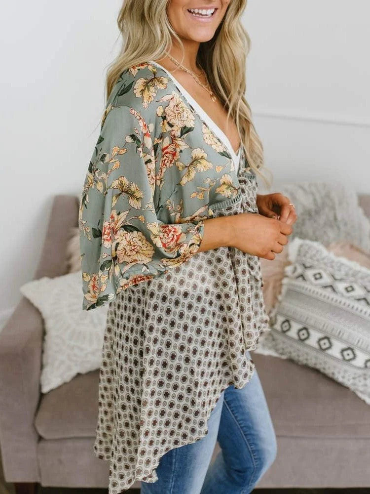 🌸Dámský kardigan s květinovým vzorem, volánkovými rukávy a vázáním vpředu – vzdušné, volné svršky v boho stylu