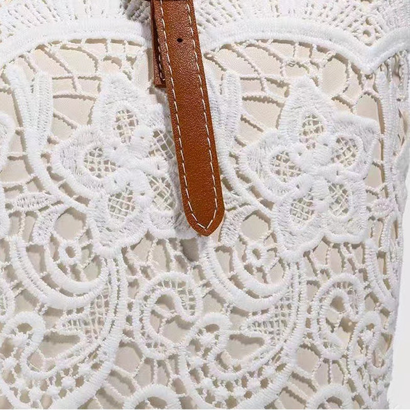 👜 Bílá čipkovaná tote taška s PU koženým popruhem – stylová & prostorná 💖