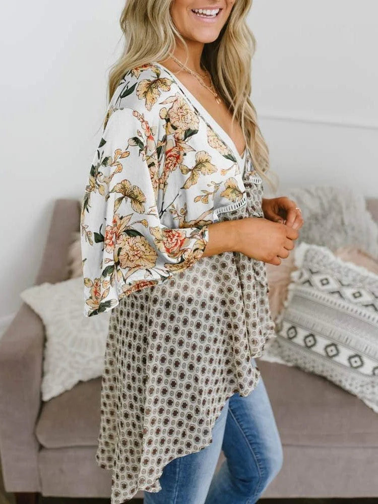 🌸Dámský kardigan s květinovým vzorem, volánkovými rukávy a vázáním vpředu – vzdušné, volné svršky v boho stylu