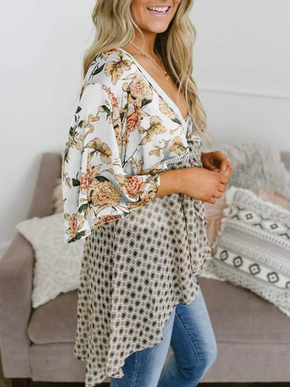 🌸Dámský kardigan s květinovým vzorem, volánkovými rukávy a vázáním vpředu – vzdušné, volné svršky v boho stylu