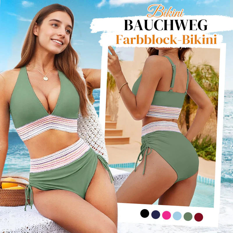 Bikiny s vysokým pasem, které zeštíhlují břicho, v barevném blokovém designu