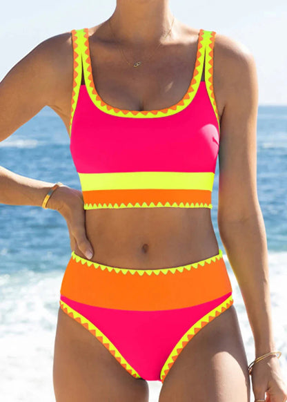 🔥🎁Novinka: 50% SLEVA🔥🌼 Třídílné sportovní bikiny z nylonu s barevnými bloky – vysoký pas se zeštíhlujícím efektem na břicho 👙