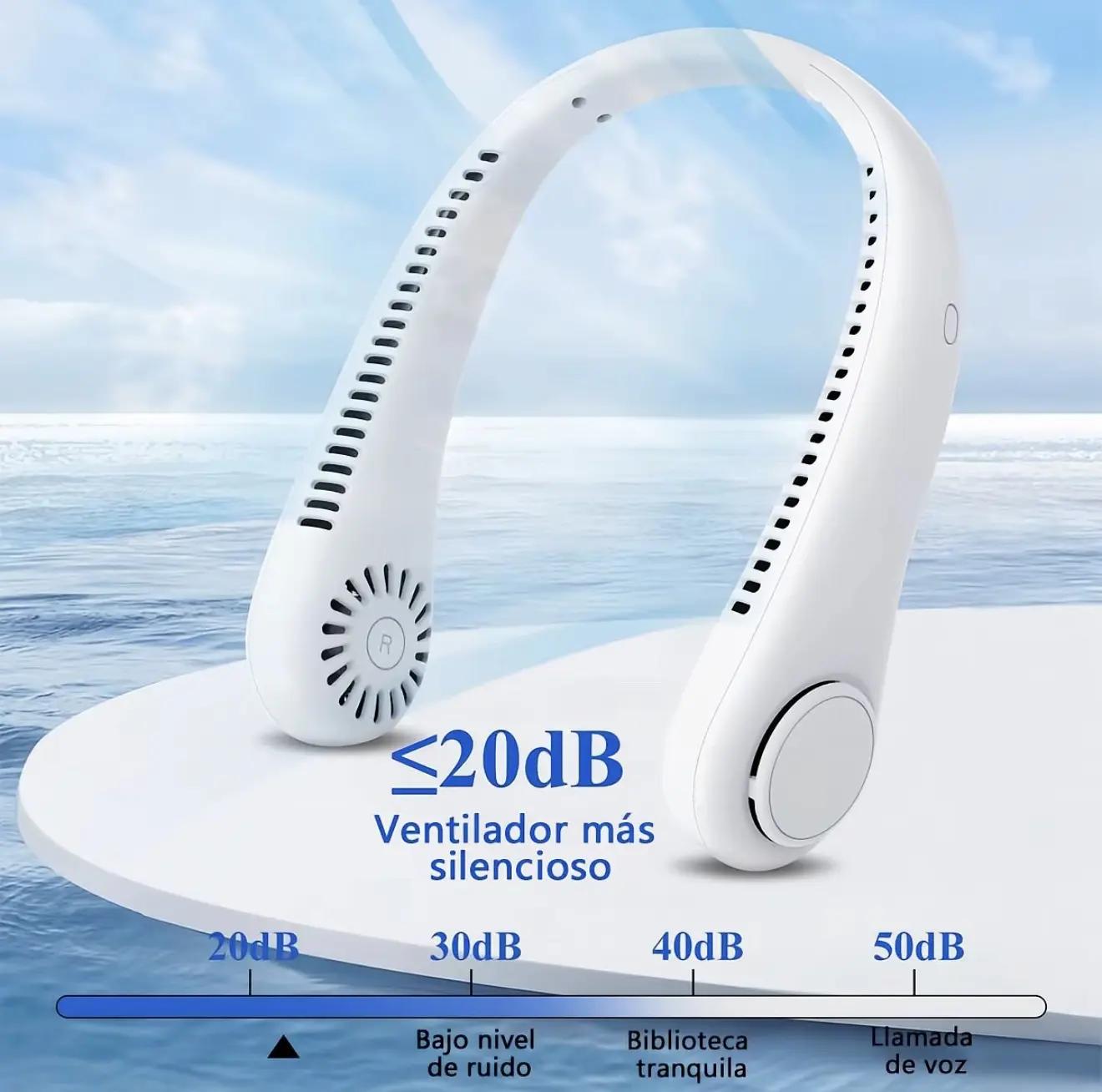Přenosný mini ventilátor na krk, dobíjecí přes USB, bezlopatkový, s 3 rychlostmi a silným proudem vzduchu